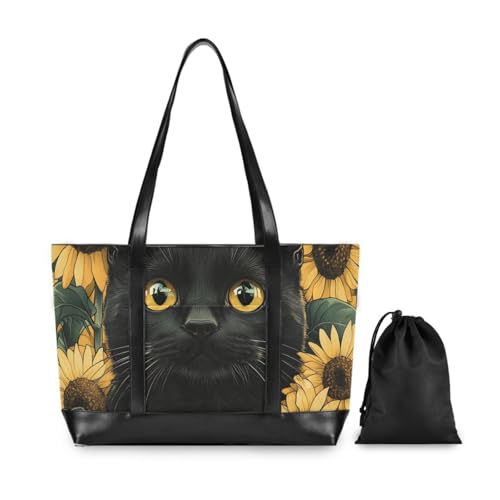 KLL Black Cat Sunflower Daisy Spring Sturdy laptop totes with zipper large tote Large Handbag for travel with bolso para laptop mujer2