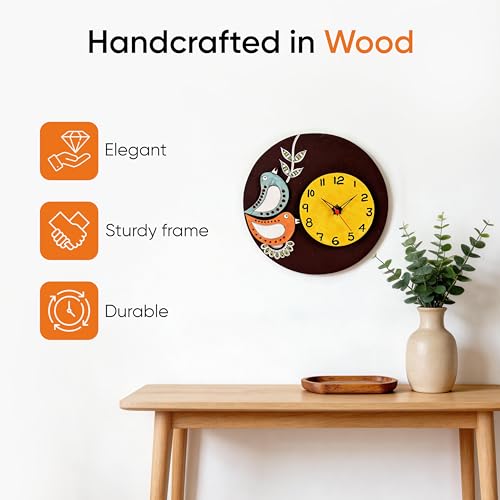Image of AAKRITI ART CREATIONS Wall Clock Handcrafted Wooden Tribal Art with Birds Motif Brown | Wall Clock for Home, Home Decoration | Floral Art Wall Hanging, Lightweight Wooden wall Decor, Matte Finish