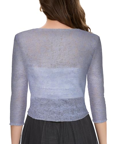 Image of Women Crop Cardigan Sheer Mesh Bolero Shrug for Dress Tie Front 3 /4 Sleeve Tops