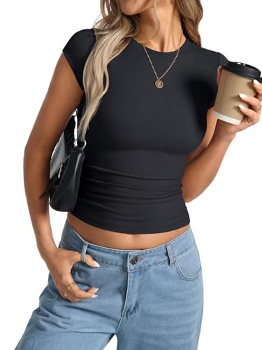Womens Cap Sleeve Tops Summer Crew Neck Short Sleeve Shirts Slim Fit Basic Ribbed Tops Y2K 2025 Going Out Crop4
