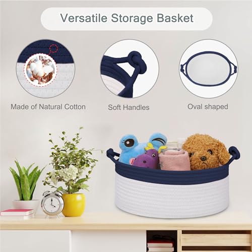 Image of COMSE Small Gift Basket Empty with Bag & Ribbons, Navy Blue & White
