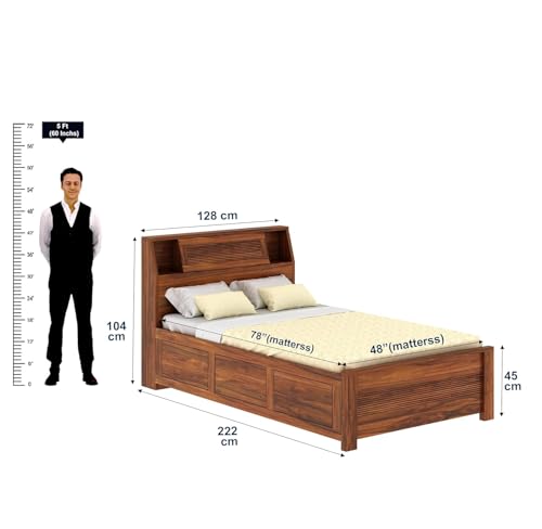 Image of Ganpati Arts Solid Sheesham Wood Marine Groove 4 Feet Bed with Box Storage and Large Headrest for Living Room, Bedroom and Home (Natural Finish) 1 Year Warranty