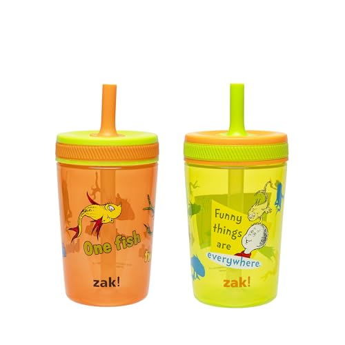 Image of Zak Designs Dr. Seuss Kelso Toddler Cups For Travel or At Home, 15oz 2-Pack Durable Plastic Sippy Cups With Leak-Proof Design is Perfect for Kids (One Fish, Two Fish)
