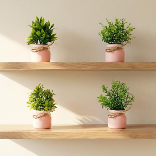 Image of Dekorly Plastic 4pcs Artificial Pot Flowers Small Fake Plants with Pot Mini Potted Plants for House Office Tabletop Decoration (Pink)