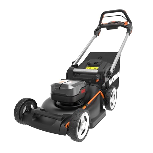 WORX Tondeuse à Gazon tractée Brushless sans Fil 40V WG749E, jusqu'à 500m² sur Une Charge, diam. 46cm, Coupe jusqu'aux Bordures, Sac de 55 L, Mulching, livée avec 2 Batteries 4Ah et Chargeur