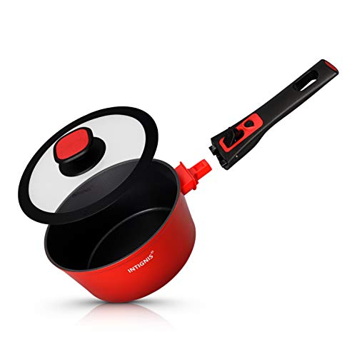 INTIGNIS Milk Pan with Glass Lid - Aluminium Non-Stick Saucepan with Stainless Steel Base & Removable Handle - Dishwasher-Safe Kitchen Cooking Pot for Induction, Gas, Electric & Ceramic Hobs - 20cm 1 Gallery Image