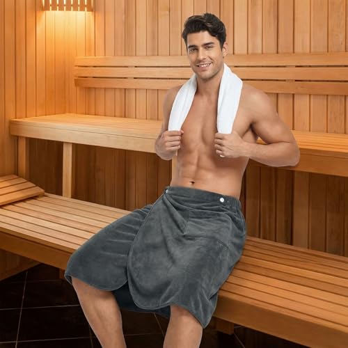 Saunakilt Herren - Saunahandtuch Herren 140x70 cm, Verstellbare Größe, Saunatuch aus Mikrofaser mit Druckknopf, Schnell Trocknendes Hamamtuch für Fitnessstudio Dusche Sauna Strand & Schwimmbad (Grau)