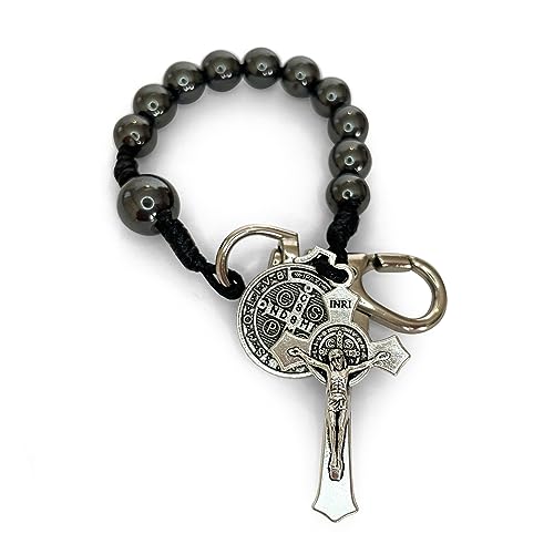 Catholic Pocket Rosary with Saint Benedict Medal & Black Hematite Beads - Tenner Open Style One Decade Rosary Keychain2