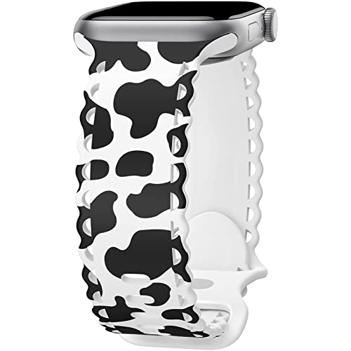 Image of Compatible with Apple Watch Band 41mm 40mm 38mm 49mm 45mm 44mm 42mm Women Girl, Cute Cow Print Lace Hollow-out Soft Silicone Sport Bands For iWatch Ultra SE Series 10 9 8 7 6 5 4 3 2, Cow-38