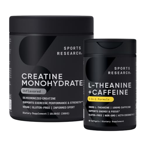 Sports Research® - Creatine Monohydrate Powder + L-Theanine Supplement with Caffeine & Coconut MCT Oil