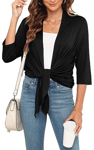 Women's Casual 3/4 Sleeve Cardigan Tie Front Lightweight Soft Open Front Cardigans3