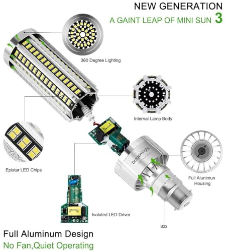 DragonLight B22 Bayonet Cap 60W Corn LED Light Bulb Fanless(500 Watt Equivalent) - 6000K Daylight 7,200 Lumens Super Bright LED Lamp for Residential and Commercial Ceiling Lighting