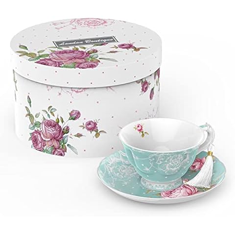 London Boutique Tea Cup and Saucer Set 1 Afternoon Tea Set New Bone China Vintage Flora Gift Box 200m (Turquoise) Cover