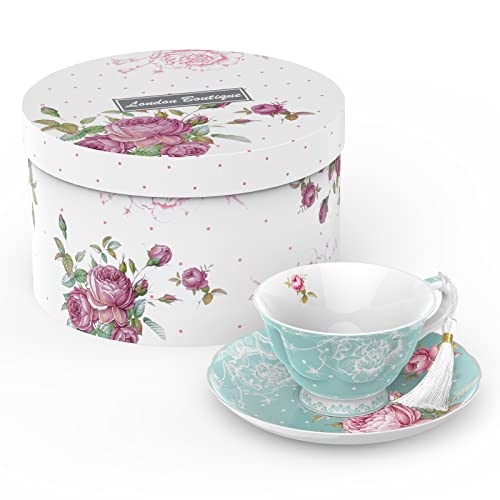 London Boutique Juego de Taza de té y platillo, 1 Juego de té de la Tarde New Bone China Vintage Flora Caja de Regalo 200 m (Turquesa) London Boutique Juego de Taza de té y platillo, 1 Juego de té de la Tarde New Bone China Vintage Flora Caja de Regalo 200 m (Turquesa)