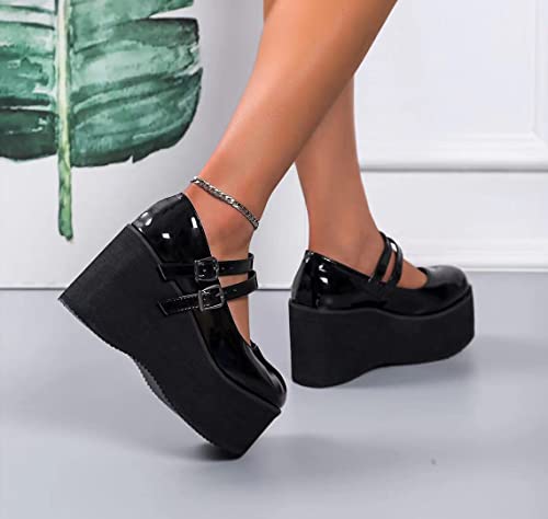 Image of Ulalaza Women Mary Jane Dress Pumps Lolita Shoes Cute Platform Gothic Double Ankle Strap Round Toe Chunky Heel Uniform Pumps Shoes Perfect for School Party Business Work Dance Date Night Club