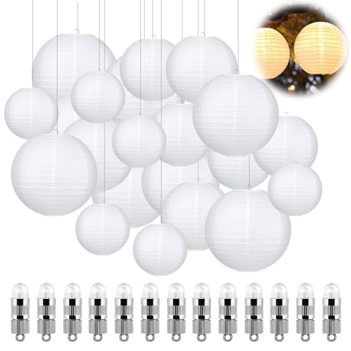 Herbst 30er Papierlaterne Weiße Papier Laterne Hängende Runde Papierlampions mit 30 Warmweiße Mini LED Ballons Lichter Classic Gerippter Lampenschirm für Hochzeit Garten Deko (Ø 15cm/20cm/25cm/30cm)