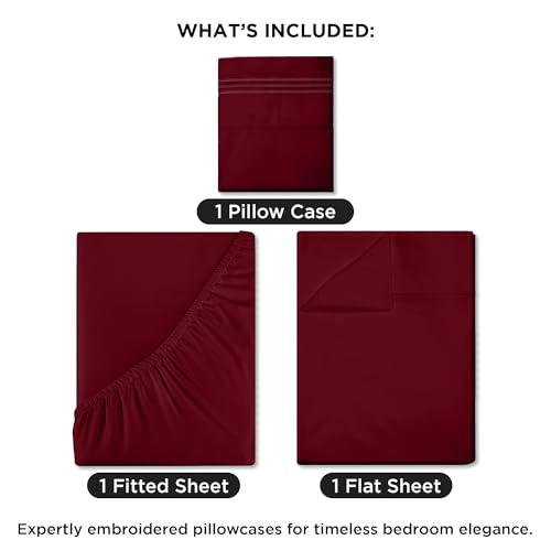 Image of ROYALE LINENS 3 Piece Twin XL Sheets Set - Soft Brushed 1800 Microfiber Bedding - 1 Fitted, 1 Flat Sheet, 1 Pillow case - Wrinkle Free & Fade Resistant - Hotel Luxury Bed Sheets (Burgundy, Twin XL)