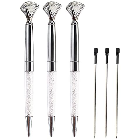 Lobagve Danse Jupe 3Pcs Big Crystal Diamond Pens,Bling Metal Ballpoint Pen with 3Pcs Refills,1.0 mm,Black Ink,School Office Supplies Gift Pens for Christmas Bridesmaid Wedding Birthday,Silver Cover