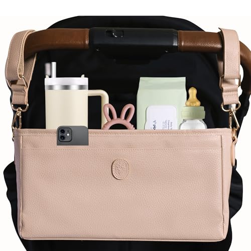 Image of Vegan Leather Stroller Caddy with Cup Holder - Universal Stroller Organizer with Cup Holder, 4 Built-In Pockets, Shoulder Strap, Stroller Cup Holder fits Mockingbird, UppaBaby, Nuna, BOB, and More