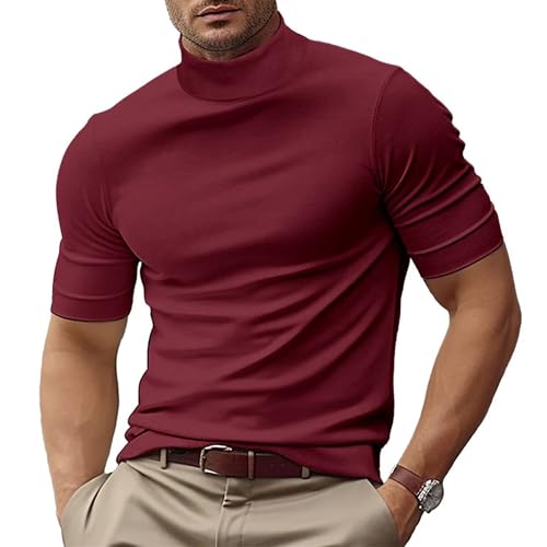 Men's Fashion Shirts Short Sleeve Mock Turtleneck T-Shirts Casual Undershirt Tops Wine Red XL