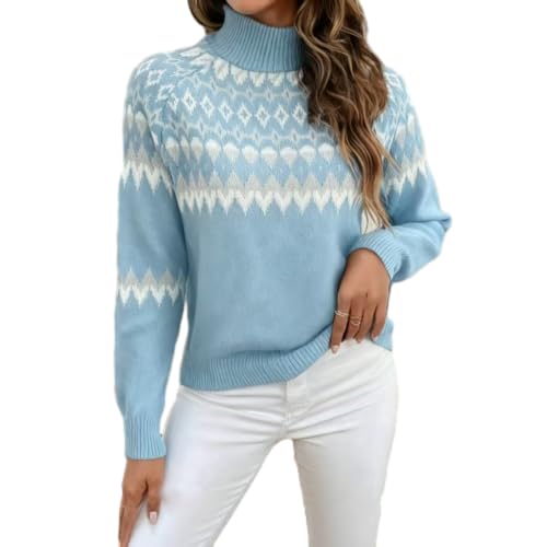 Womens Fair Isle Knitted Sweater Fall Vintage Casual Loose Long Sleeve Crewneck Pullover Sweater Tops for Women