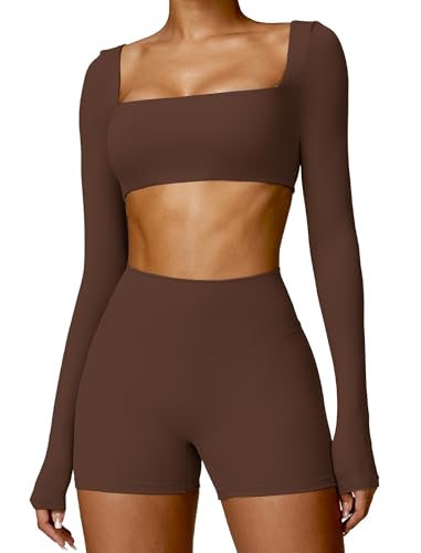 ABOCIW Conjuntos de entrenamiento para mujer, 2 piezas, cuello cuadrado, manga larga, pantalones cortos de motociclista, pantalones cortos de gimnasio, Marrón, Small