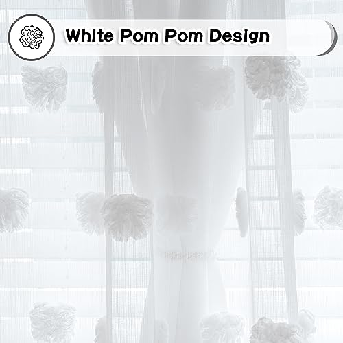 Image of MYSKY HOME White Curtains for Living Room 90 Inches Long Nursery Curtains for Bedroom Double Layer Curtains White Pom Pom Sheer Curtains for Dining Room Grommet Room Darkening Window Panels W52 X L90