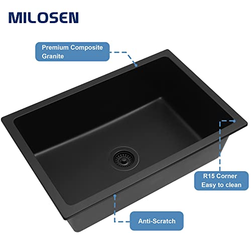 Milosen Granite Composite Black Kitchen Sink, 28 * 18 Inch Single Bowl Kitchen Sinks, Undermount Quartz Kitchen Sink #TOP5