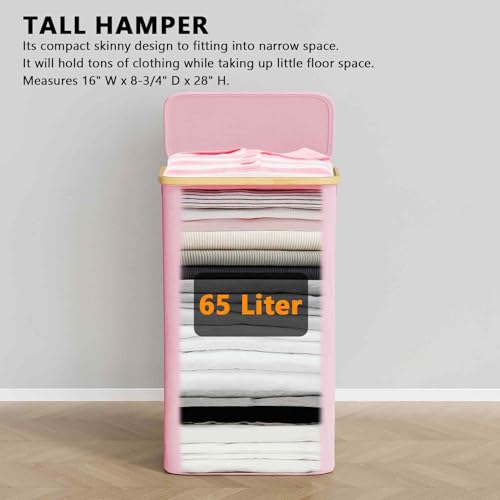 SpaceAid Slim Laundry Hamper with Lid, 65L Narrow Clothes Basket Bin with Bamboo Handles, Skinny Tall Collapsible Hamper for Bedroom, Bathroom, Dorm, Laundry Room - Pink
