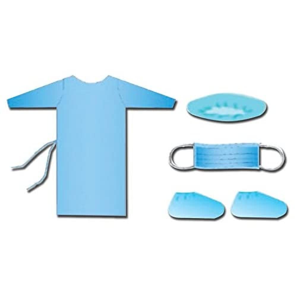 Mediberg Kit Monouso Vestizione Pazienti o Visitatori, Kimono, Cuffia, Mascherina e Copriscarpe, Non Sterile, Colore Azzurro, Taglia Unica, 25 kit