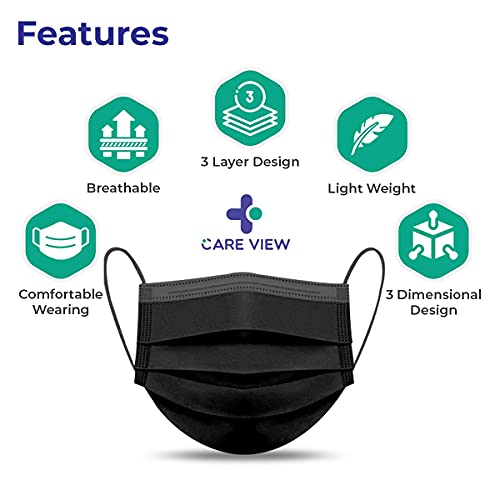 Careview CARE VIEW N95 N95 CV2992, SITRA Approved, 3 Ply Colored Disposable Surgical Mask With Built in Metal Nose Pin and 1 Melt Blown Layer (Pack of 100, Black)