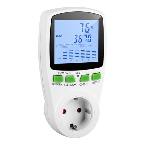 Zweitarif Stromzähler für Steckdose 16 Modi Strommessgerät Stromverbrauchsmesser mit Kostenhistorie Energiekostenmessgerät Wattmeter Strommesser mit Hintergrundbeleuchtung 3680W Überlastsicherung