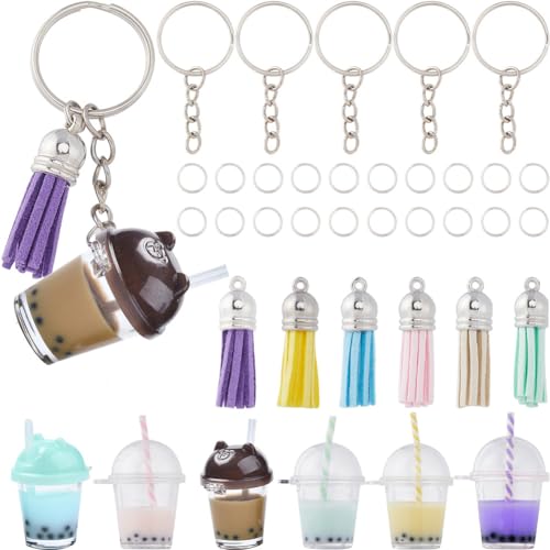 SUNNYCLUE 38Pcs DIY 6 Sets Milk Tea Charms Keychain Making Kit Sweet Cute Bubble Tea Keychain Kit Split Rings Boba Tea Bottle Cup Charms for Jewellery Making Kits DIY Keychains Crafts Gift Supplies