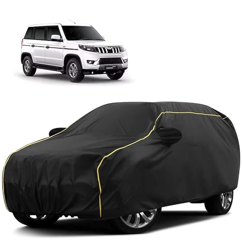 Image of Sulfar 100% Water Resistant Car Body Cover Compatible with Mirror for Mahindra Bolero Neo Plus (Triple Stitched, Full Bottom Elastic, Black Tafetta with Yellow Piping)