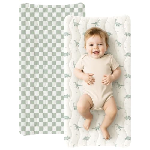 Image of Konssy Waterproof Muslin Changing Pad Cover 2 Pack, 100% Cotton Quilted Diaper Changing Table Sheets, Soft Breathable Boho Nursery Bedding for Baby (Baby Green Plaid,Green Dino)