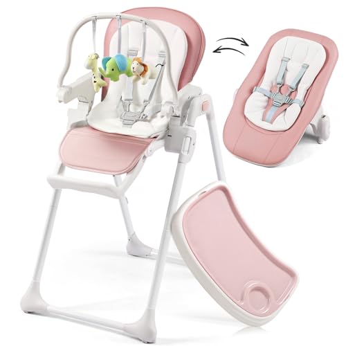 Image of Mallify Convertible Baby High Chair, 6 Height & 3 Recline Adjustable High Chairs for Babies and Toddlers, Foldable High Chair with 3 Detachable Toys, Built-in Rear Wheels, Removable Seat & Tray, Pink