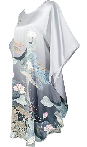 Kwedhonjh Lady 100% Silk Pajamas, Bat Sleeve Bathrobe - Floral Pattern (Lotus Silver Grey) #TOP1