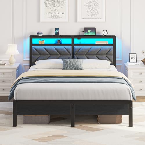 Seventable Bed Frame Full Size with Charging Station, LED Bed with Upholstered Storage Headboard, Metal Platform Bed with Under Bed Storage, No Box Spring Needed, Noise Free, Easy Assembly, Grey