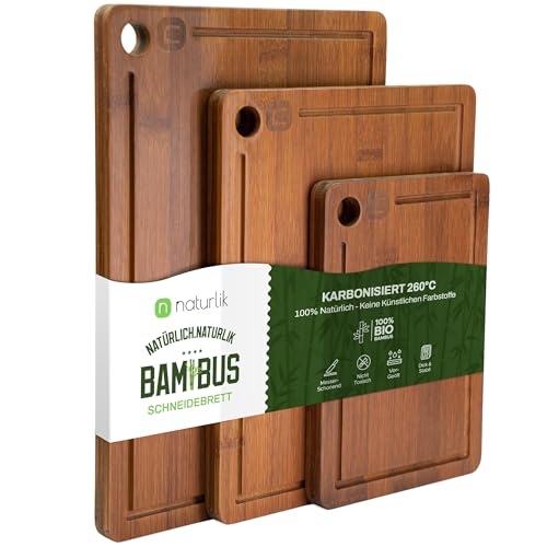 naturlik Schneidebrett Set 3er Karbonisiert - Bambus Schneidebrett Dunkel mit Saftrille - Nachhaltiges Küchenbrett Holz für Fleisch, Gemüse, Käse & Brot - Servierbrett Messerschonend Vorgeölt