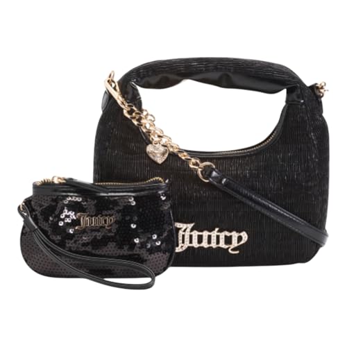 Juicy Couture Women’s 3 Piece Sequin Mini Hobo Bag with Wristlet and Keychain Gift Set (Black)