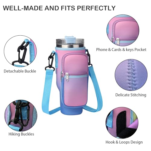 Image of Water Bottle Carrier Bag with Phone Pocket for Stanley Quencher H2.0 & Adventure 40oz Tumbler, Adjustable Shoulder Hand Strap, Accessories for Walking Hiking Travelling Camping (Gradient)