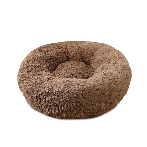 Calming Donut Dog Bed Medium (60 x 20 cm), Fluffy Plush Round Non Slip Bottom Puppy Doughnut Pillow, Faux Fur Anxiety Relief Cuddler Pet Cushion Bed, Brown