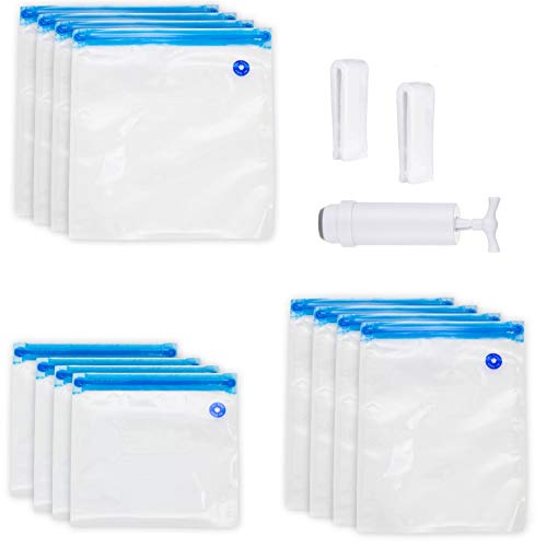 Femongy Sac sous vide alimentaire réutilisable, 12 Sous Vide Sacs de Conservation avec 2 Clips de Scellage et 1 Pompe Manuelle pour la conservation des aliments et la cuisson sous vide (3 Tailles)