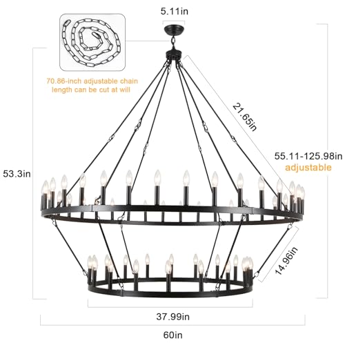 ANKYLHUA 60 Inch Black Extra Large Wagon Wheel Chandelier, 2 Tier 54-Lights Farmhouse Chandeliers Industrial Round High Ceiling Pendant Light for Dining Room, Living Room, Entryway by ANKYLHUA - Image 8
