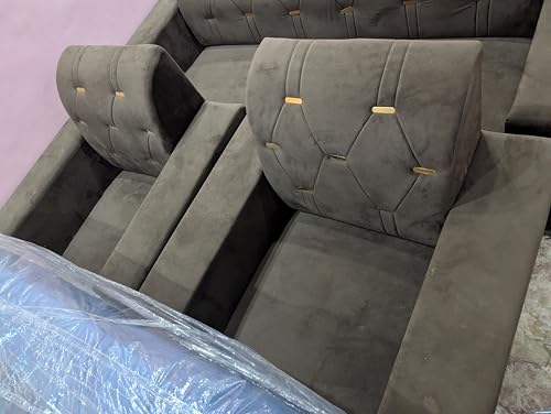 Image of Modern Tufted Velvet Sectional Sofa, Grey, L-Shaped Design with Gold Accent Buttons