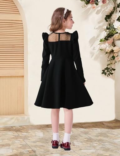 Girls Casual Dress, Crew Neck Cute Girls Ruffle Long Sleeve A Line Mesh Party Dress for Kids Teens, Size 5-14 Years3