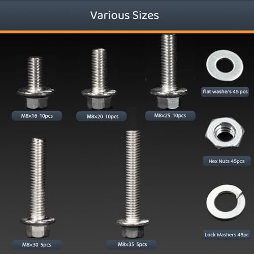 Image of M8-1.25 x 16 /20 /25 /30 /35 Flange Hex Bolt Assortment Kit, 160pcs Stainless Steel Metric Flange Head Bolts and Nuts Set.