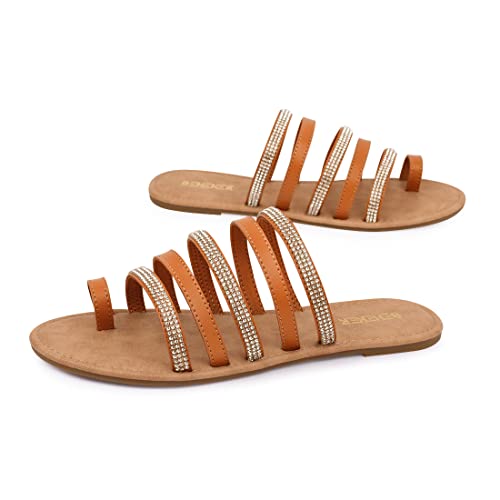 Beneker Women's Strappy Slide Sandals Rhinestone Open Toe Gladiator Flat Sandals Slip On Toe Ring Slide Casual Summer Beach Sandals Brown 09 #TOP6