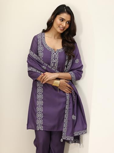Image of Libas Womens Embroidered Silk Blend Straight Kurta with Palazzos and Dupatta