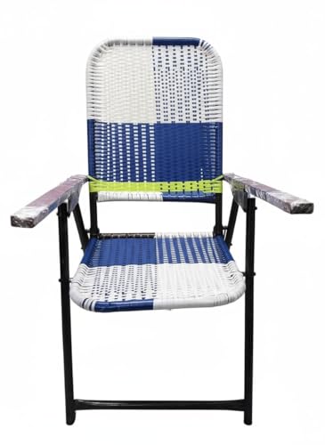 Image of Portable Folding Study Chair with Armrests, Blue and White Woven Design, Iron Frame, 8mm Laptop Reading Pad, Lightweight, for Home, School and Outdoors